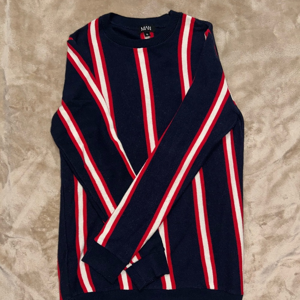 BooHooMAN Crewneck Sweater | Blue with Red & White Stripes | Small